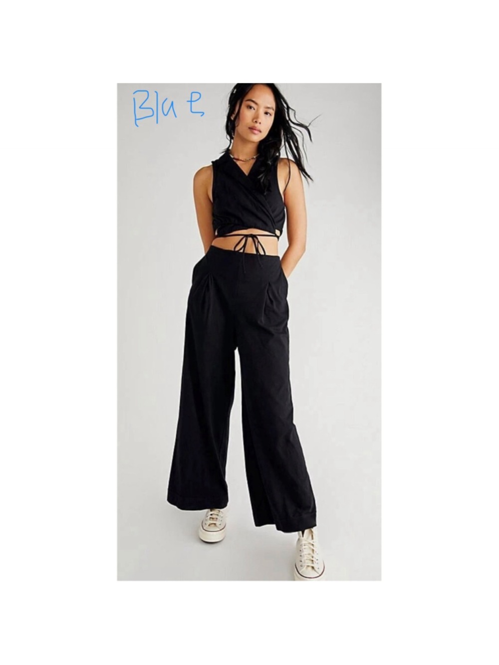 NWT Free People Sunday Funday Set Blue XS Wide Leg Wrap Crop Matching Set - Picture 2 of 4